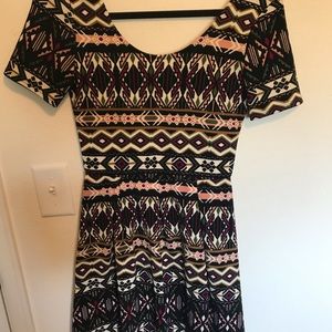 Black/pink/green geometric pattern mini dress